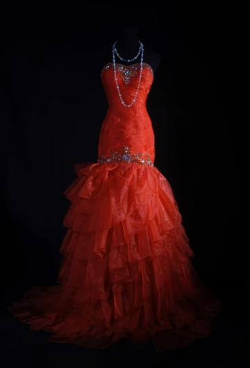 Niulatu Strapless Sheath Long Prom Dresses Tulle Bead Orange Sweet 16 Dresses HZ1026